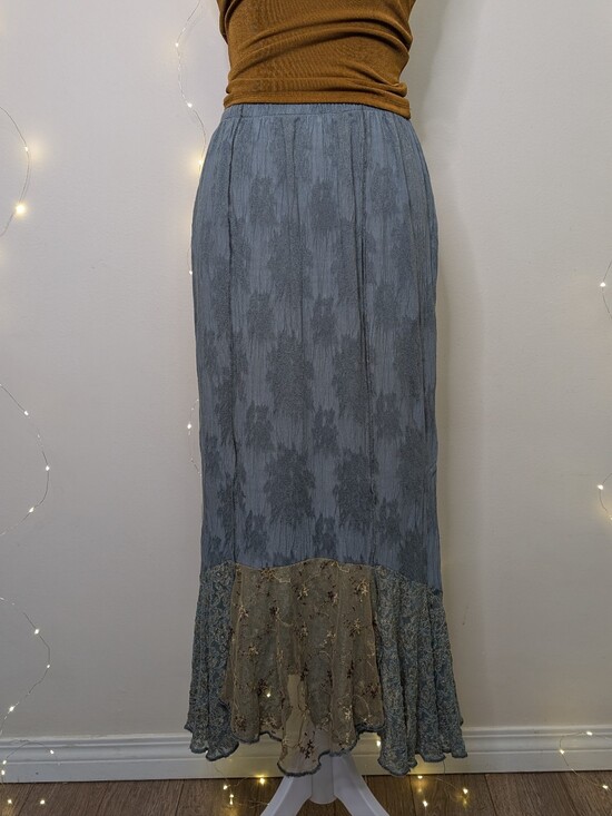 Vintage Dresses & Skirts - Vintage Blue-Gray Maxi Skirt with Embroidered Lace Panel & Asymmetrical Hem